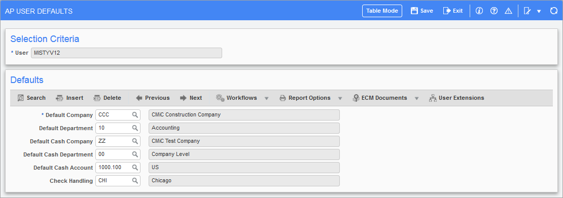 Accounts Payable - Set User Defaults