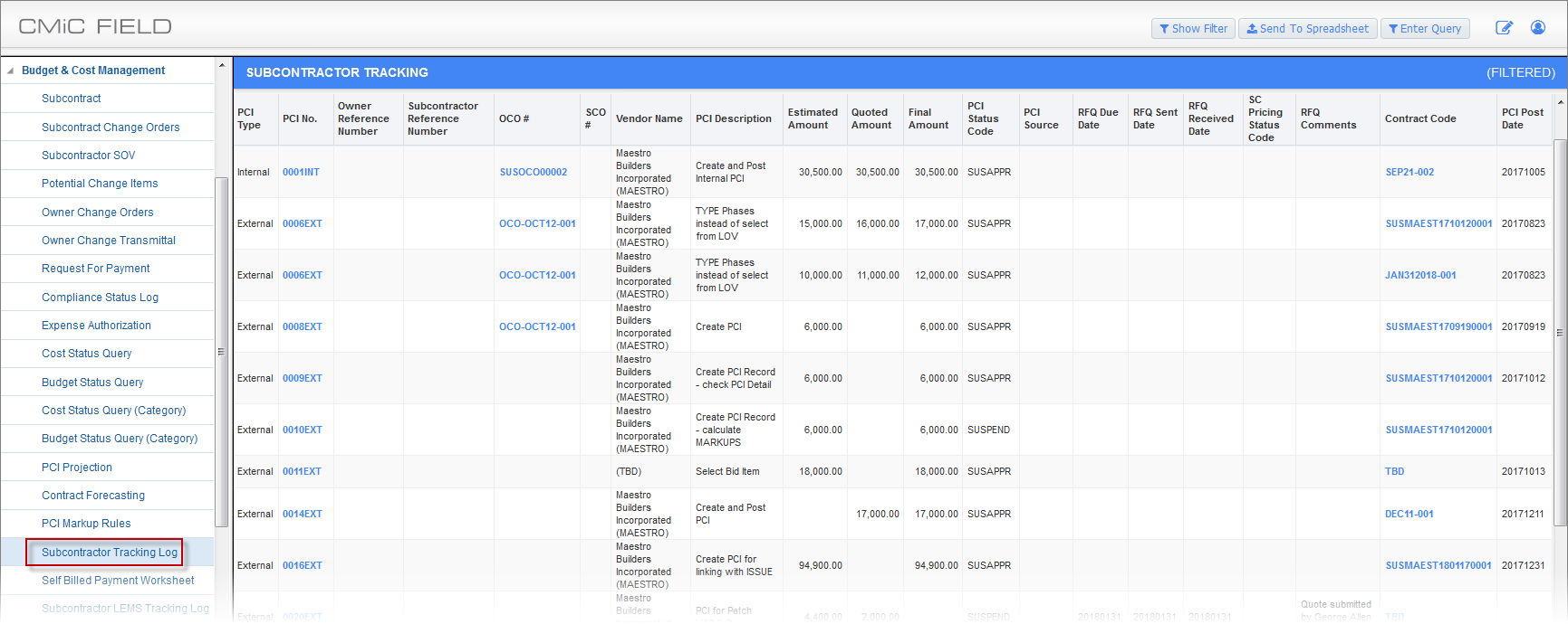 CMiC Field - PCI Subcontract Tracking Log