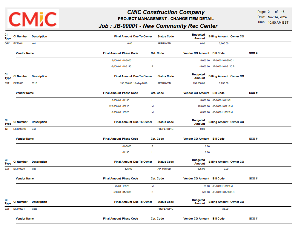 CMiC Field - Change Item Reports