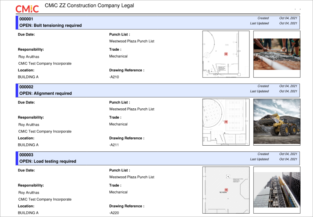 CMiC Field - Punch List Items Report