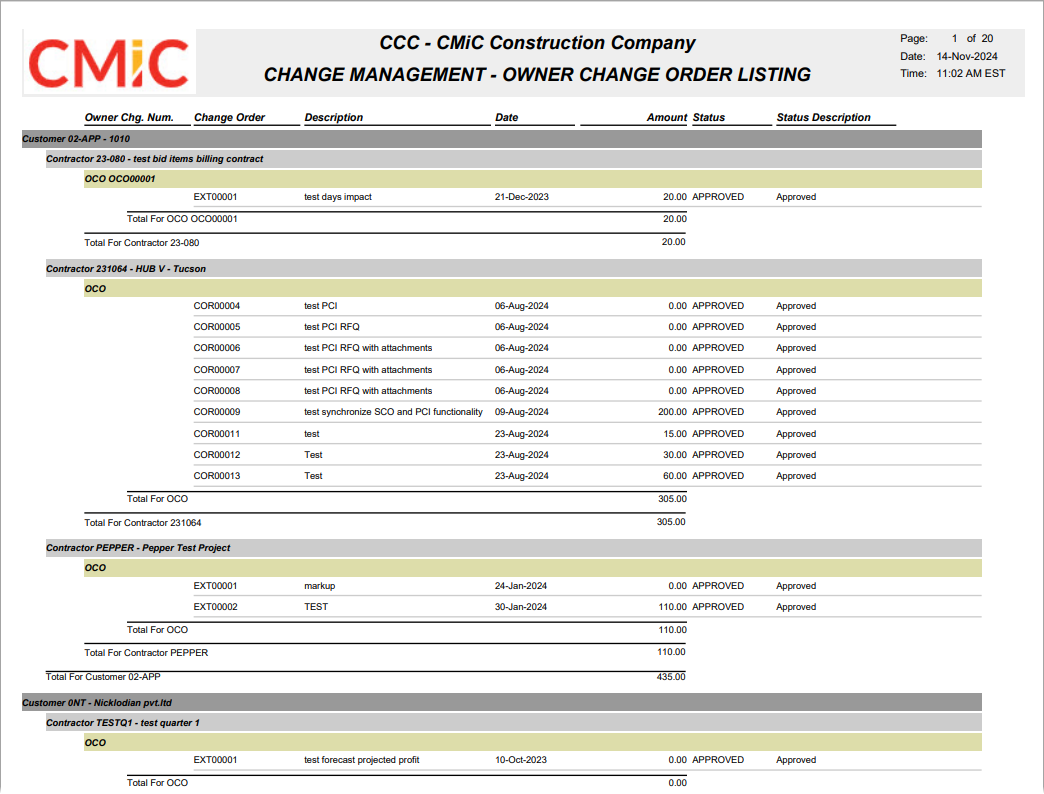 CMiC Field - Owner Change Order Report