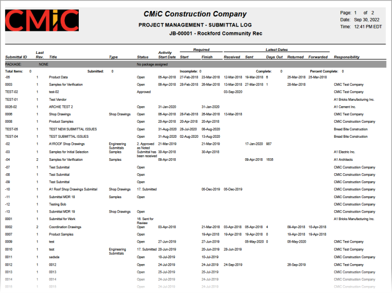 CMiC Field - Submittal Reports