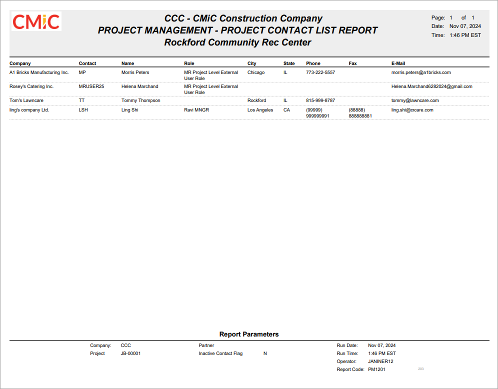 CMiC Field - Project Contact List Report