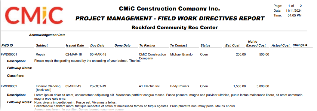 CMiC Field - Field Work Directive Reports