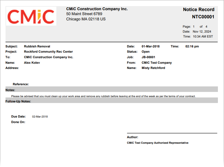 CMiC Field - Notice Reports