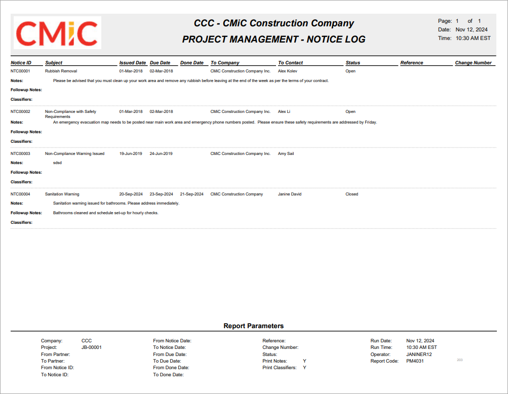CMiC Field - Notice Reports