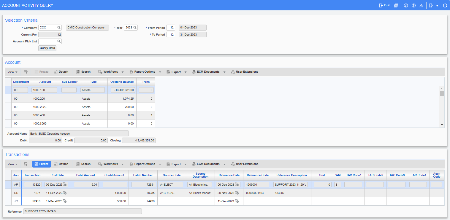 General Ledger - Account Activity Query