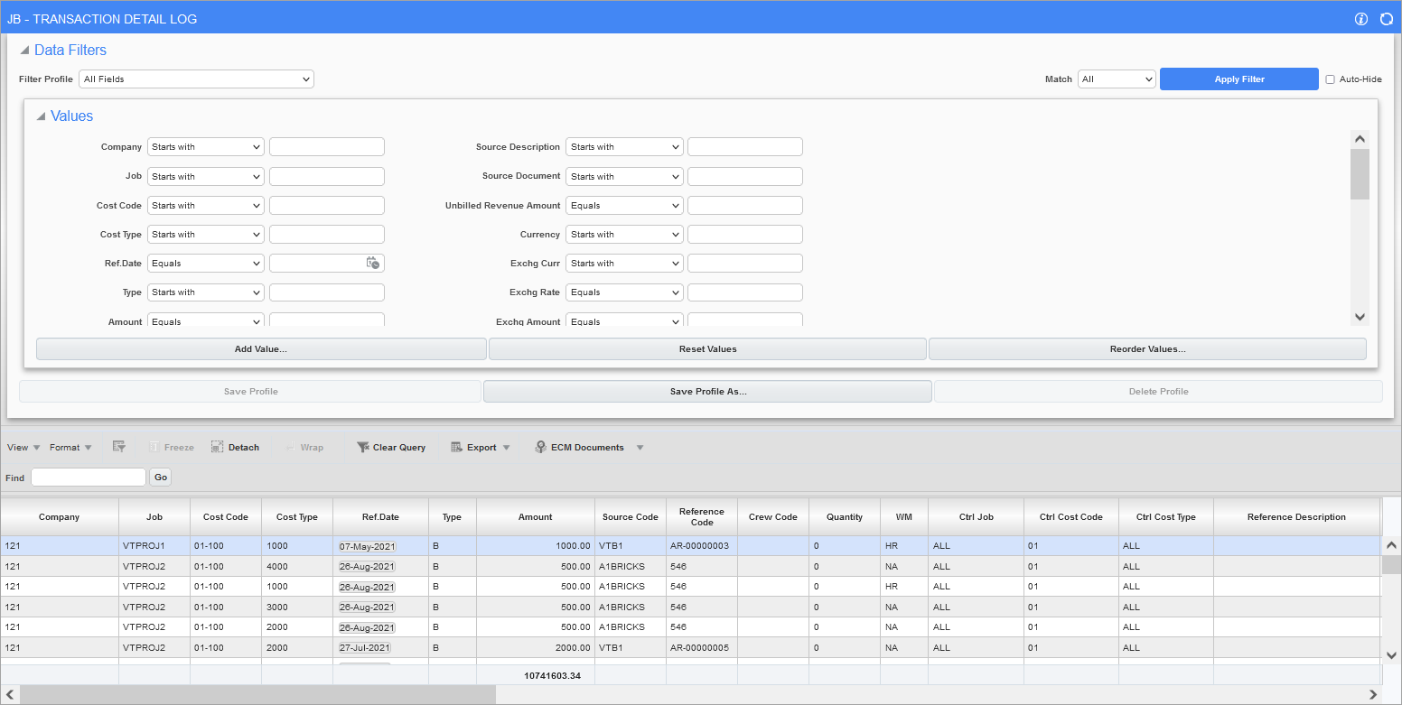 Job Billing - Transaction Detail Query