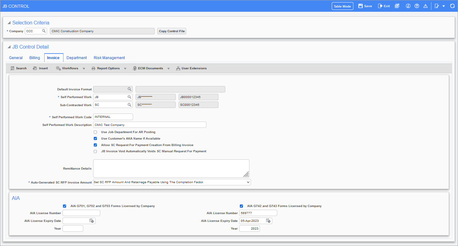 Job Billing - JB Control File - Invoice - Tab