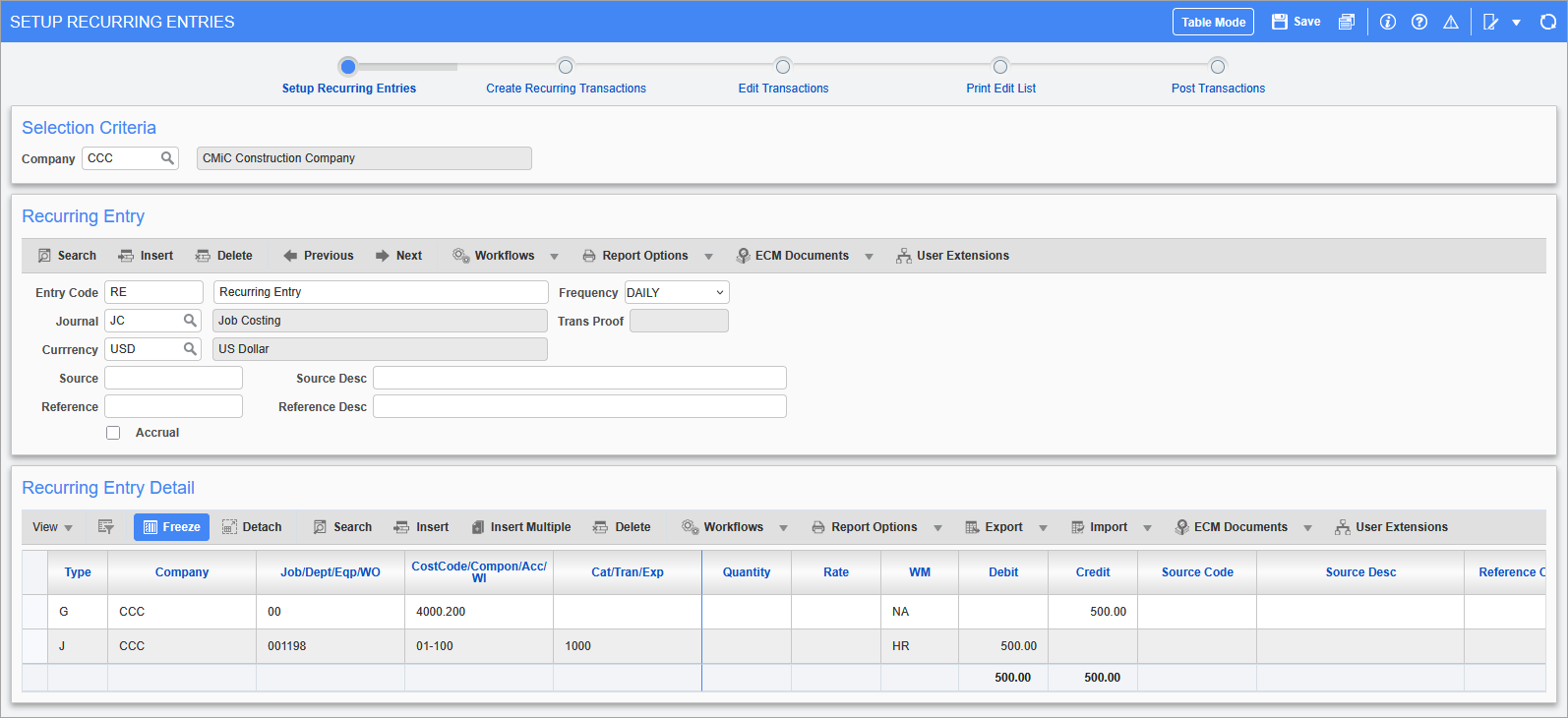 Job Costing - Process Recurring Entries