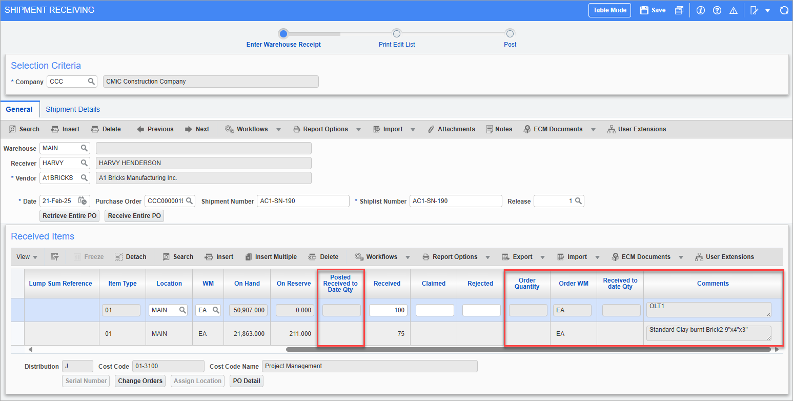 Purchase Order - Enter Warehouse Receipt (Warehouse Receiving)