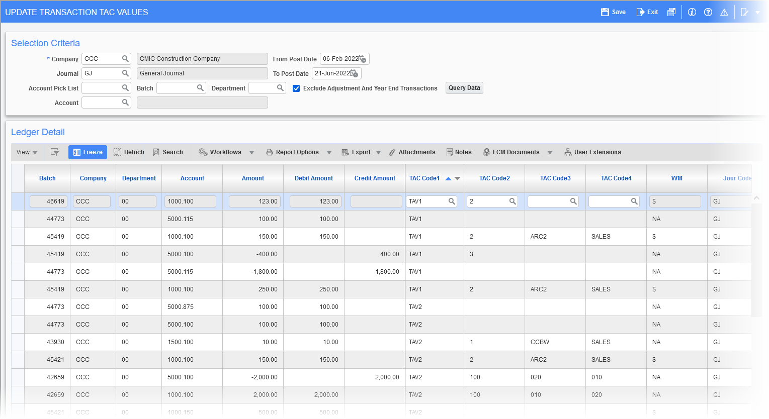 General Ledger - Update Transaction TAC Values
