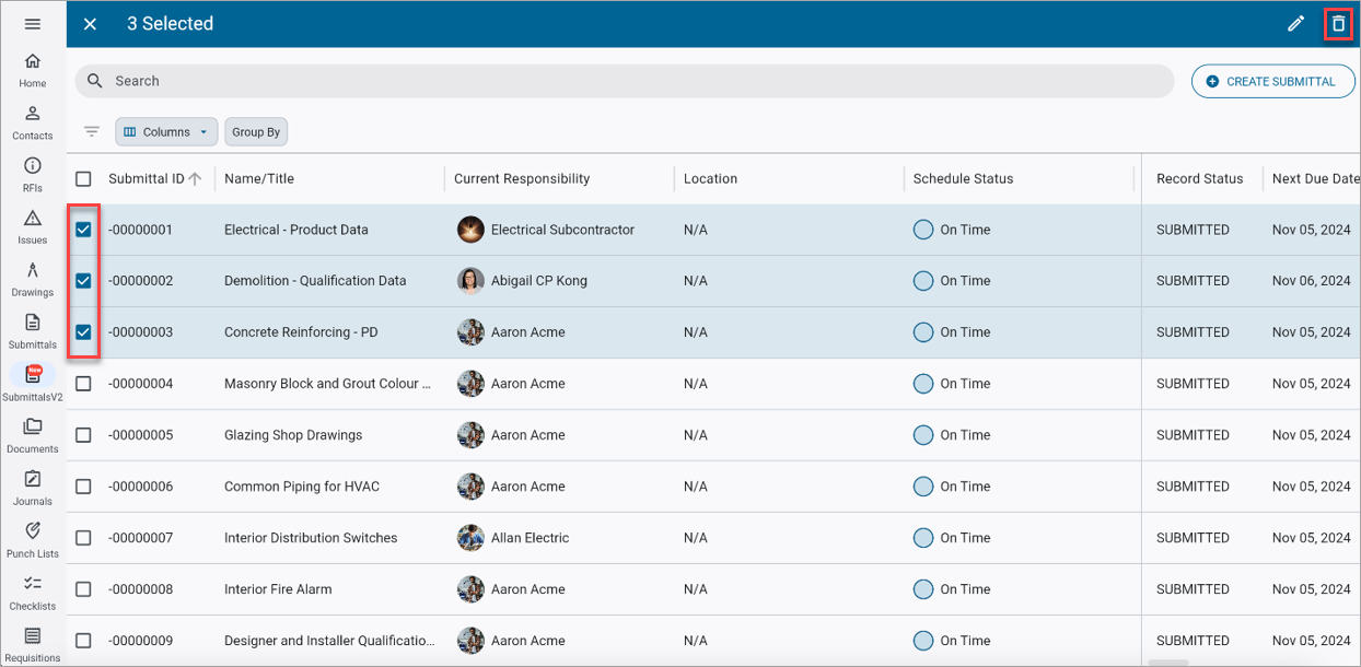 Construct PM - Submittals v2 Batch Deletion