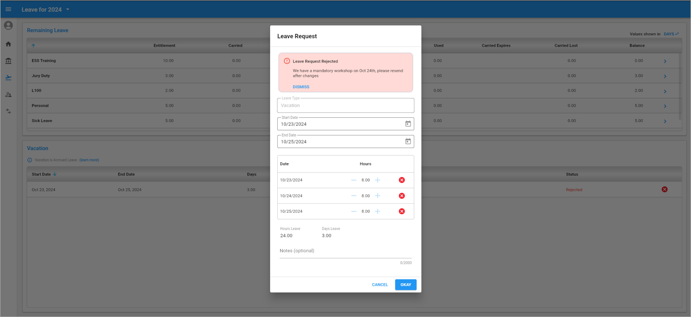 Construct ESS - Mandatory Rejection Notes for Leave Requests