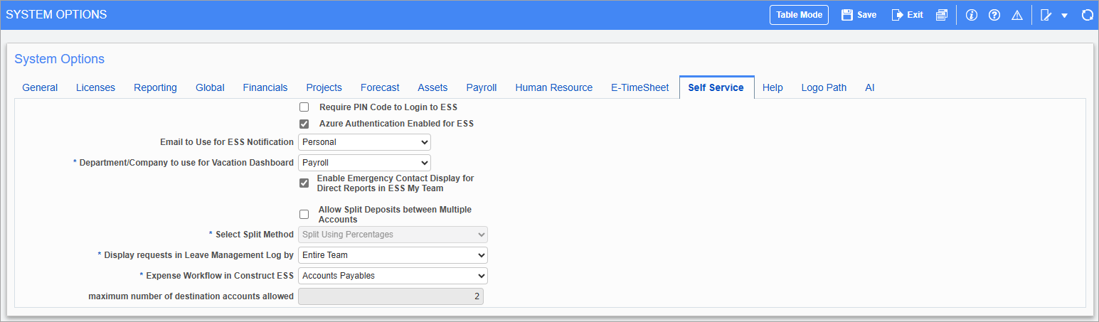 System Data - System Options - Self Service - Tab
