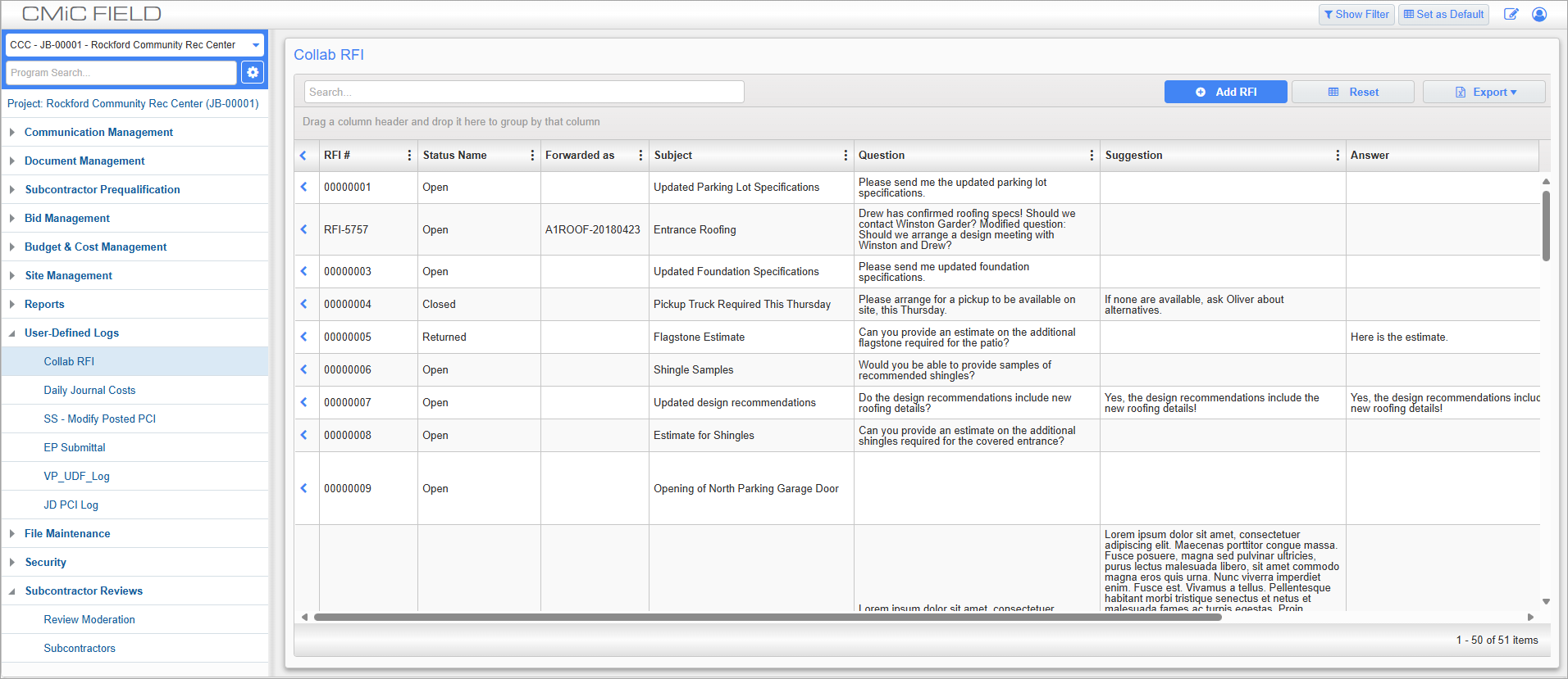 CMiC Field - User-Defined Logs