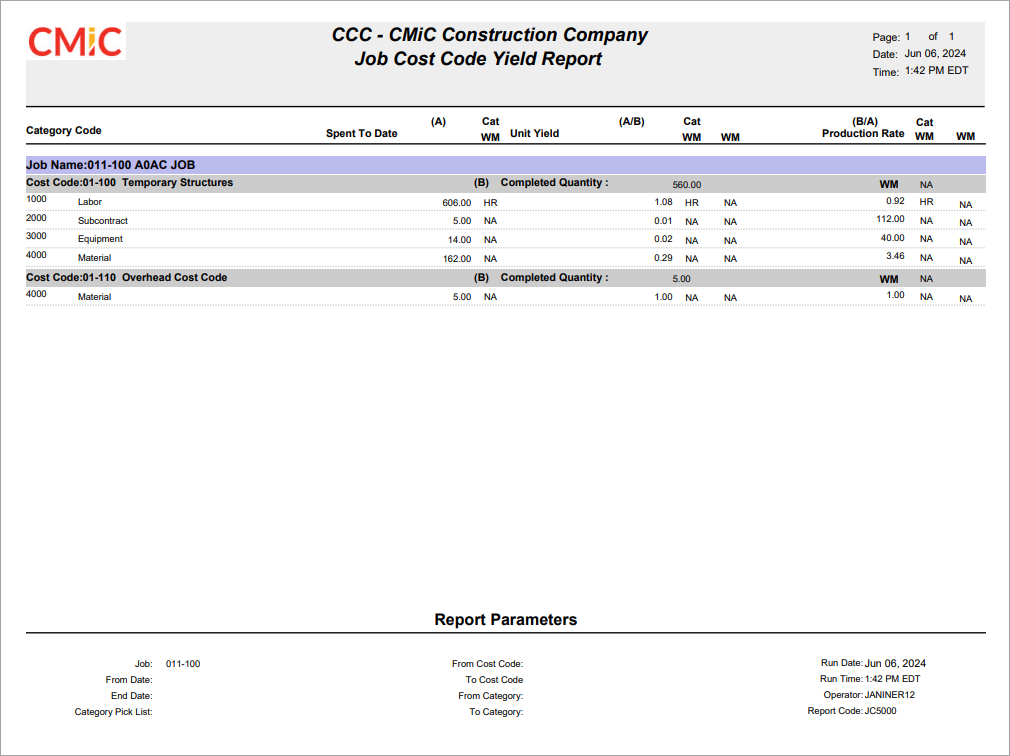Job Costing - Phase Yield Report