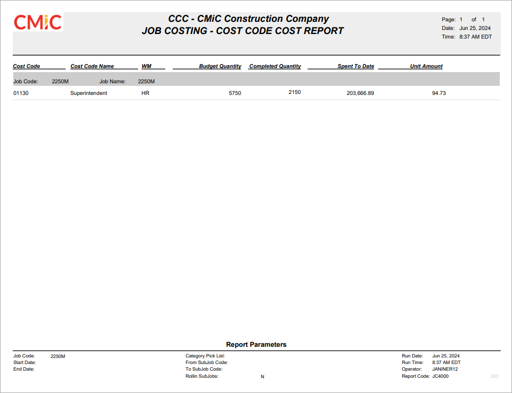 Job Costing - Cost Code Cost Report