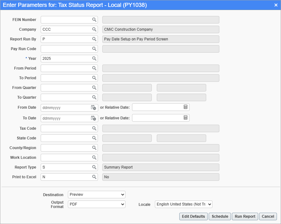 US Payroll - Tax Status Report - Local