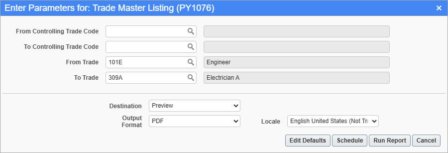 US Payroll - Trade Master Listing