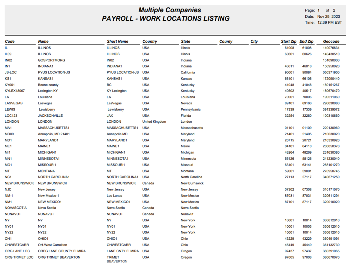 US Payroll - Locations Master Listing
