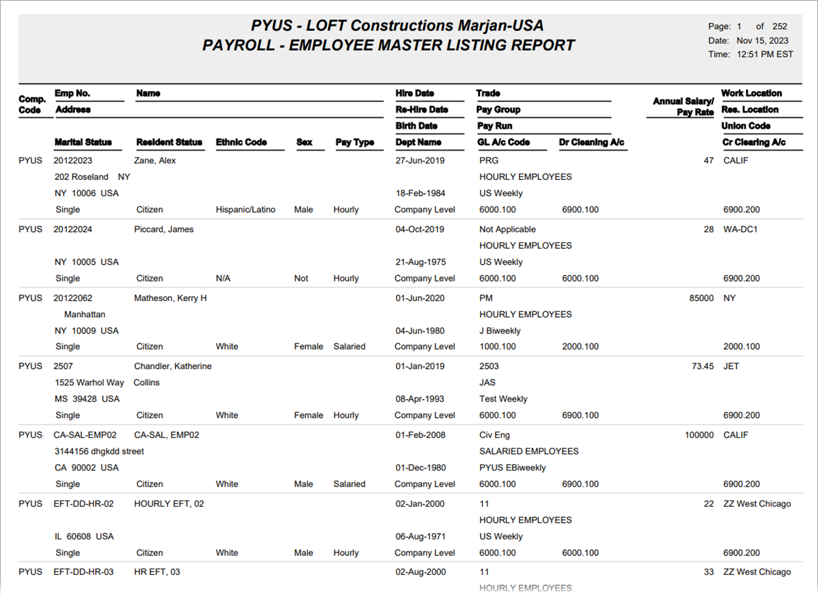 US Payroll - Employee Master Listing Report