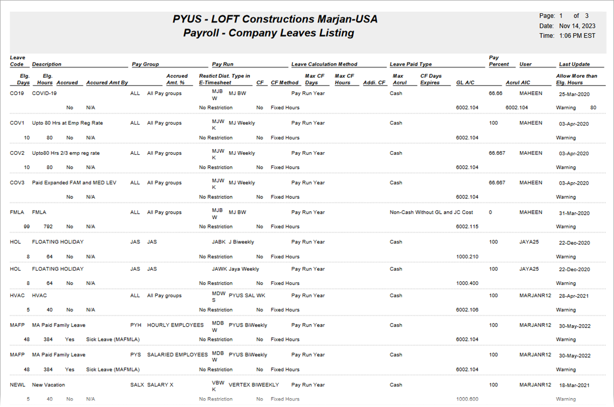 US Payroll - Leaves Listing