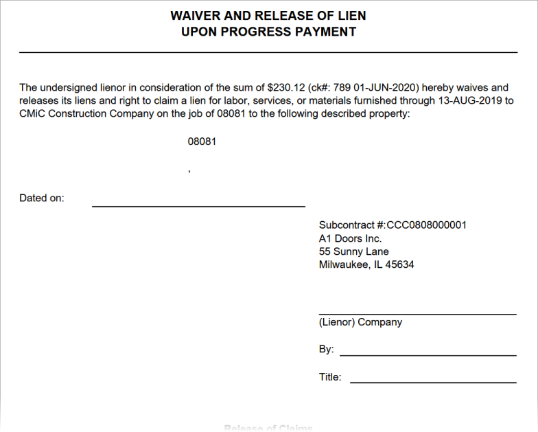 Subcontract Management - Waiver and Release of Lien Upon Payment