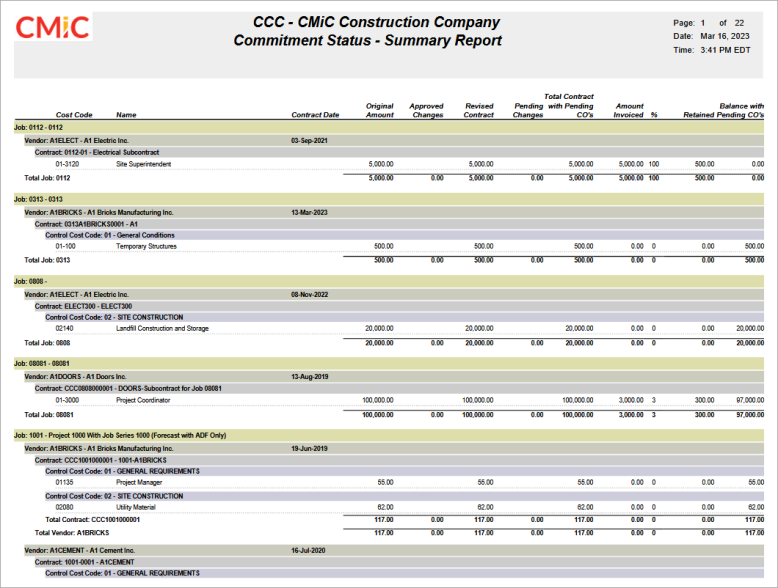 Subcontract Management - Commitment Summary Report