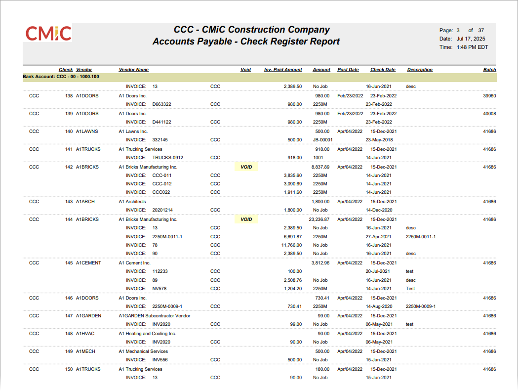 Accounts Payable - Check Register Report