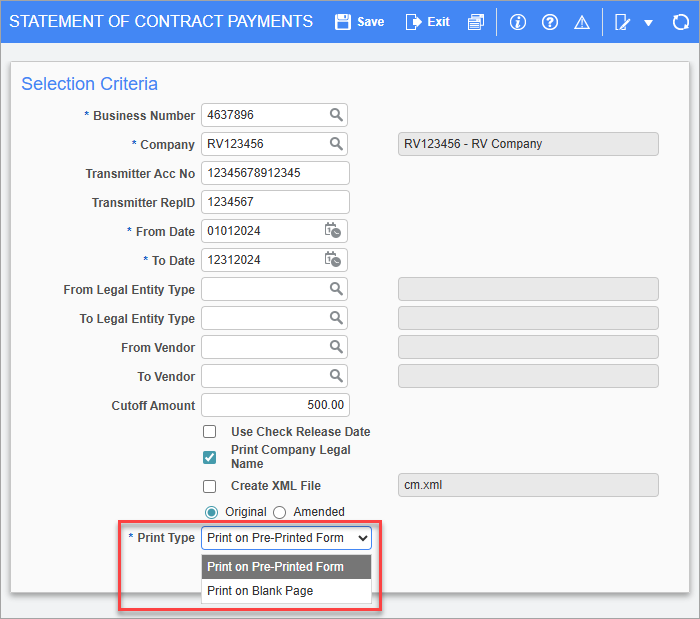 Accounts Payable - Printing Options for T5018 Forms