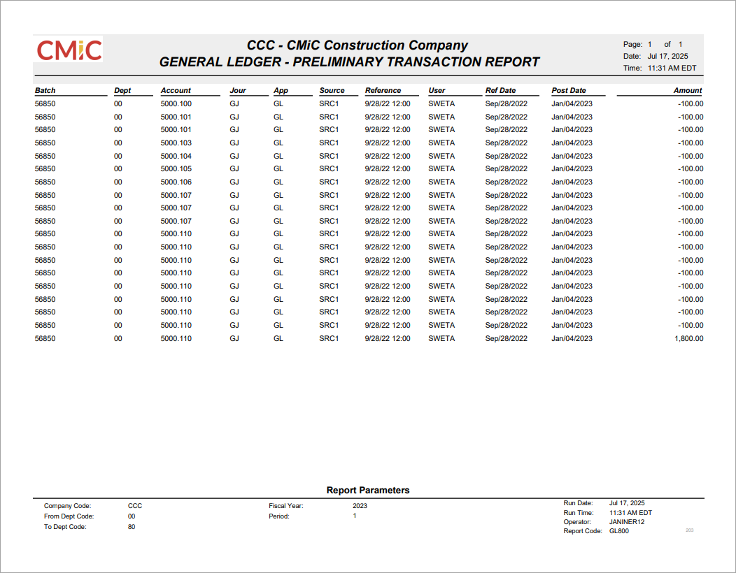 General Ledger - Preliminary Close Report