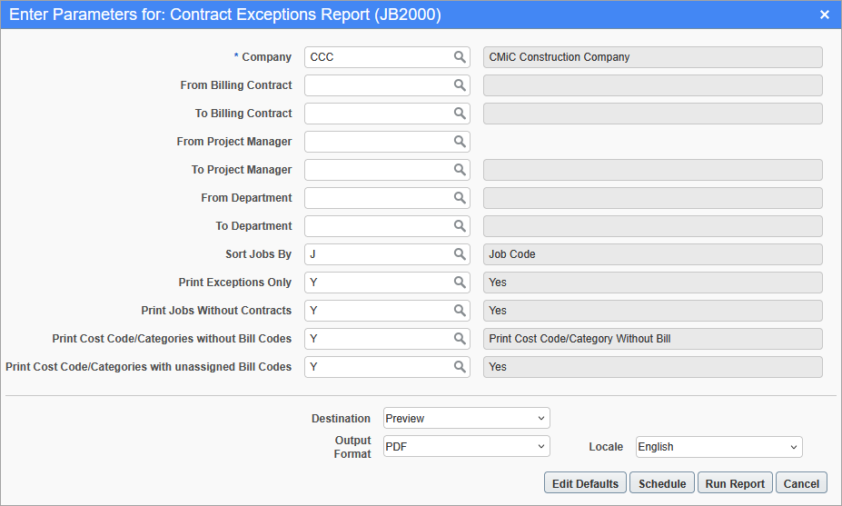 Job Billing - Contract Exceptions Report