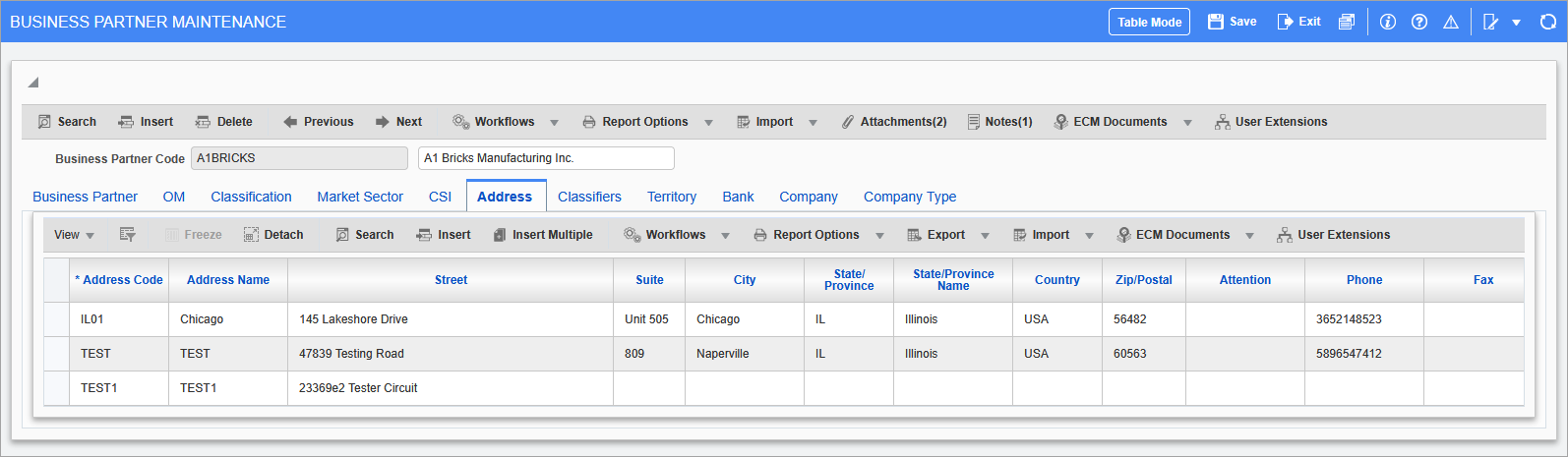 Accounts Receivable - Maintain Business Partner - Address - Tab