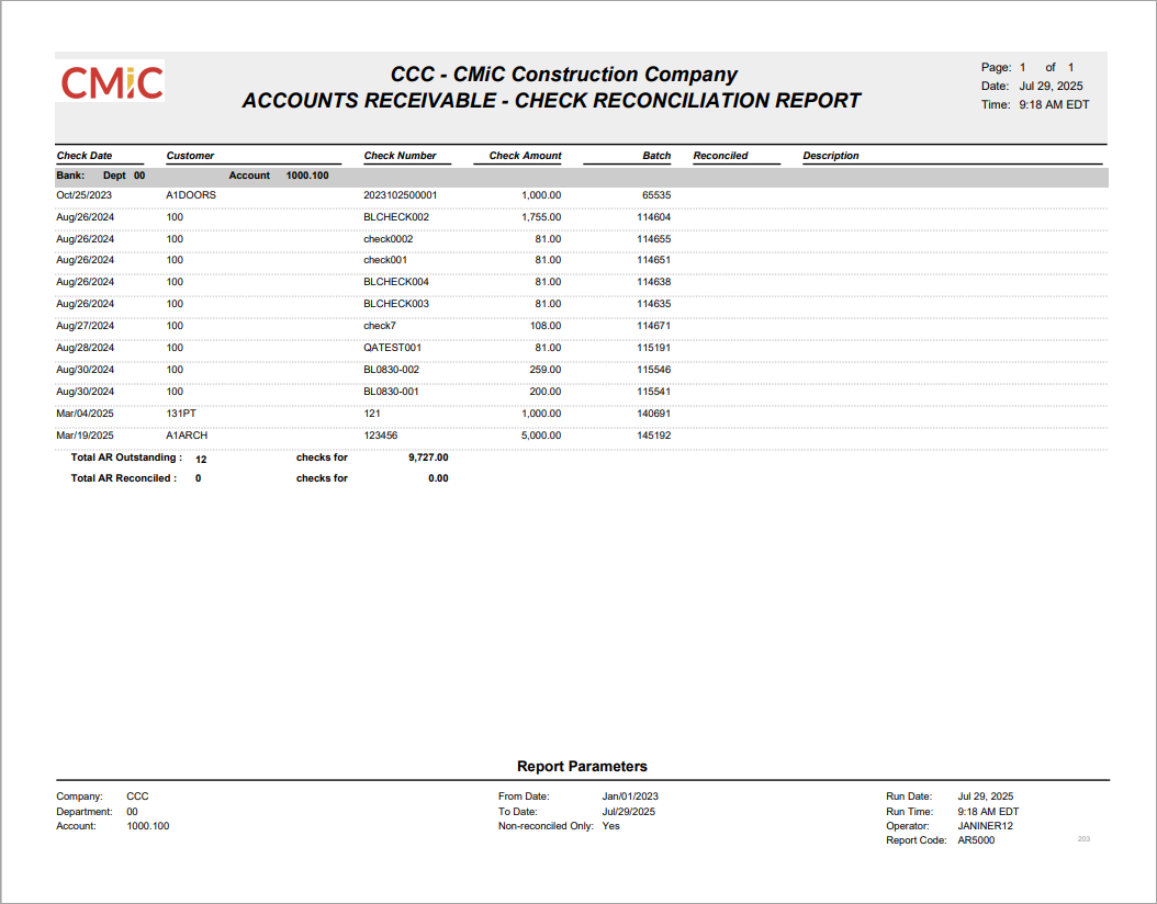 Accounts Receivable - Check Reconciliation