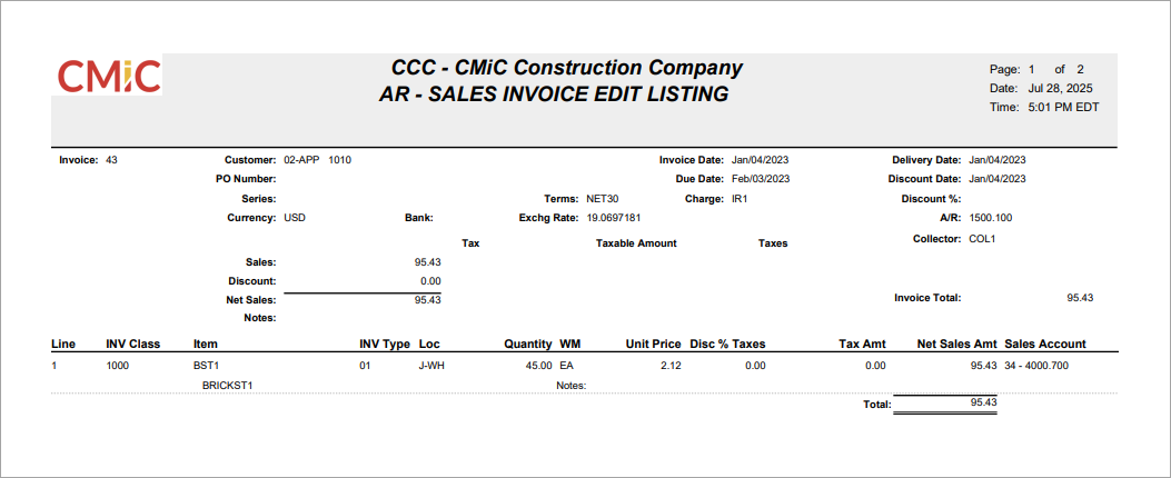 Accounts Receivable - AR - Sales Invoice Edit Listing