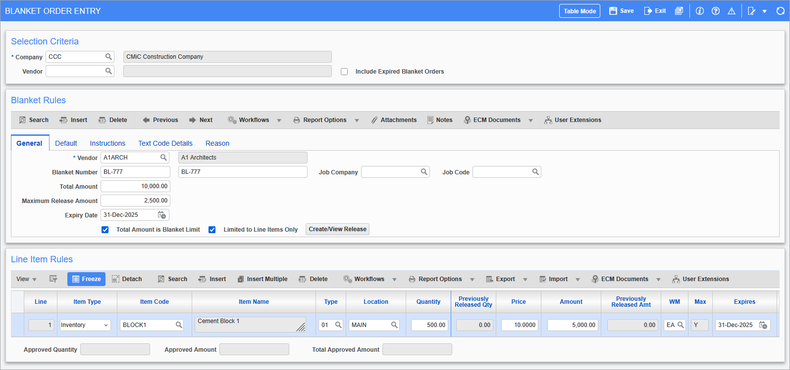 Purchase Order - Blanket Purchase Order Entry