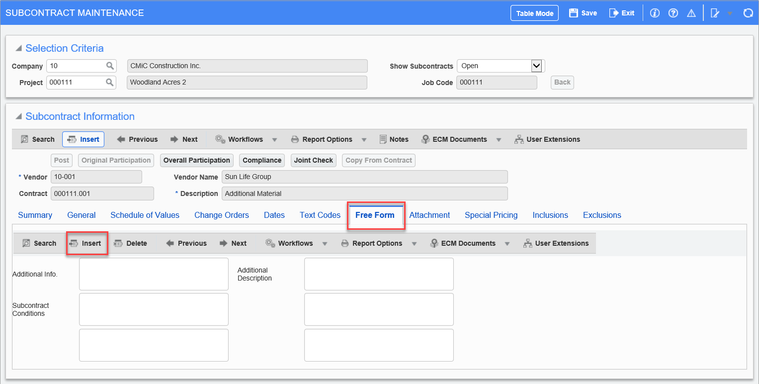 Subcontract Management - Free Form - Tab