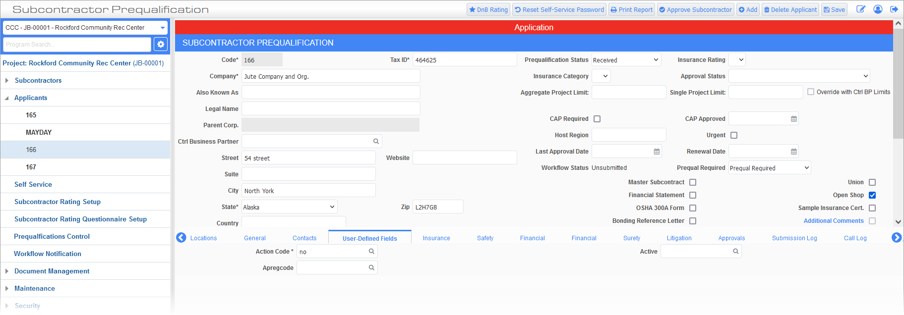 Subcontractor Prequalification - User Defined Fields Tab Setup