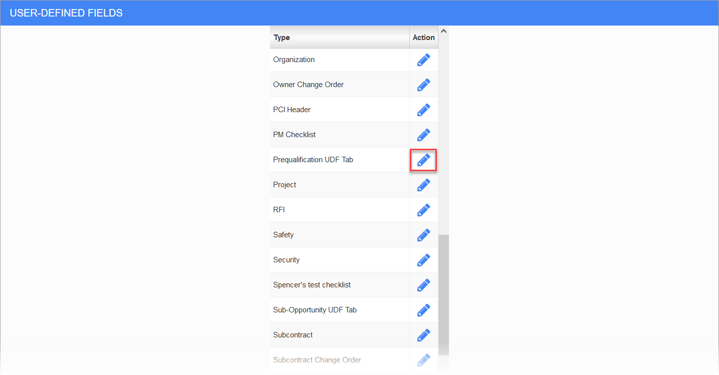Subcontractor Prequalification - User Defined Fields Tab Setup