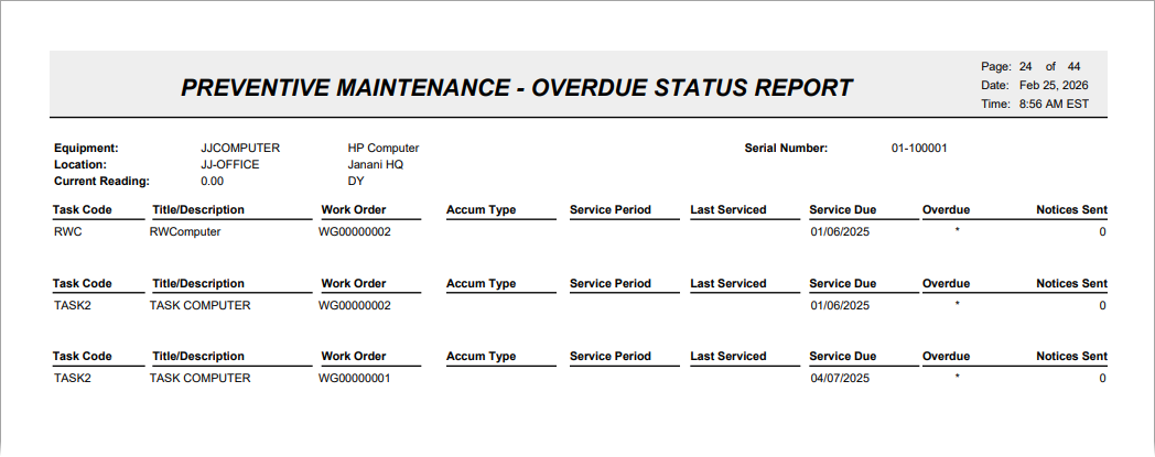Preventive Maintenance - Overdue Status Report