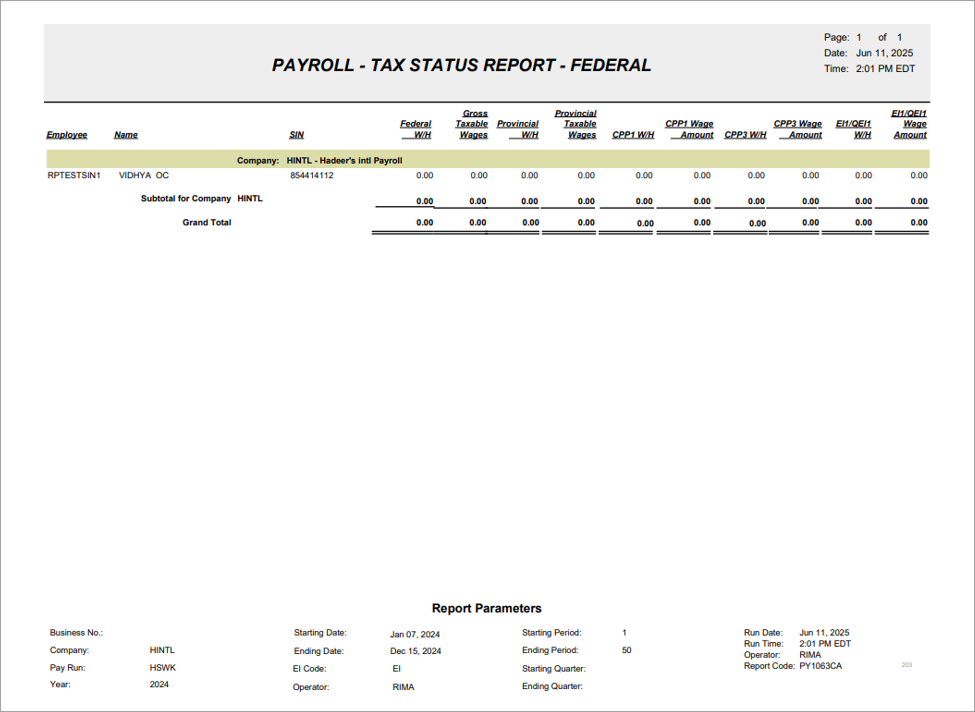 International Payroll - Tax Status Report - Federal