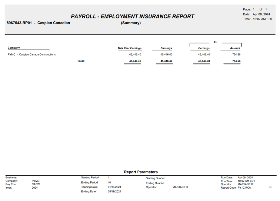 International Payroll - Employment Insurance Report