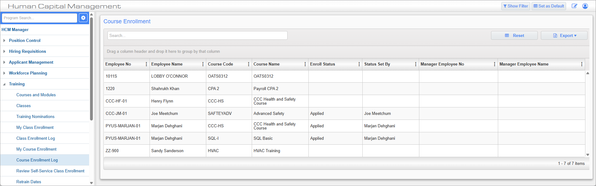 Human Capital Management - Course Enrollment Log
