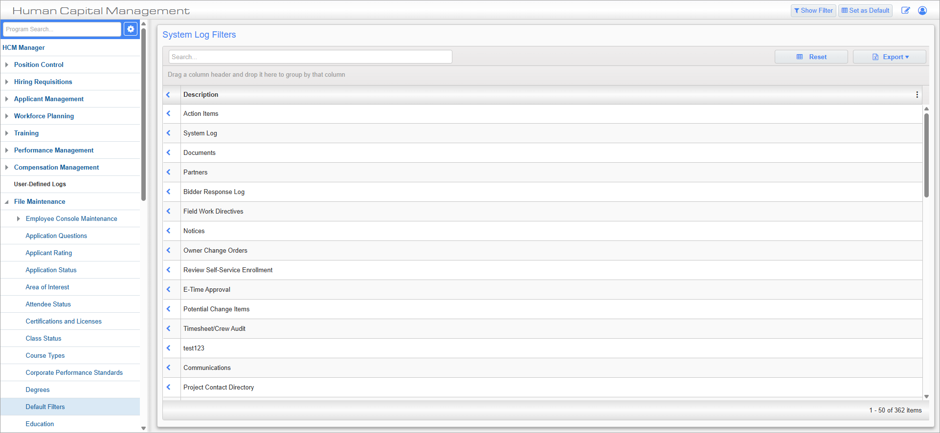Human Capital Management - Default Filters