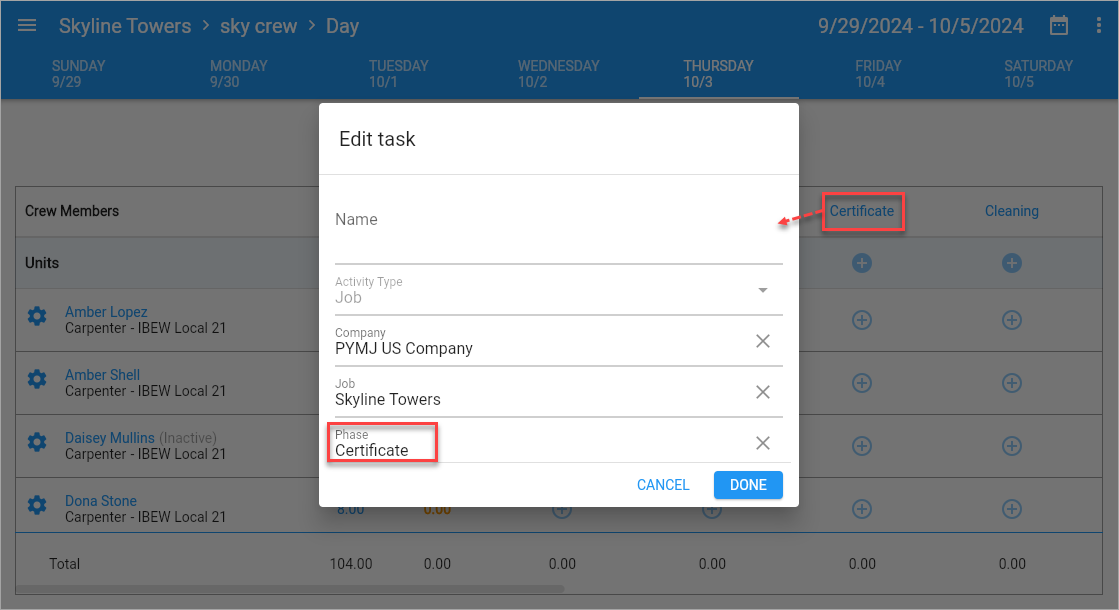 Construct CT Legacy - Task Names