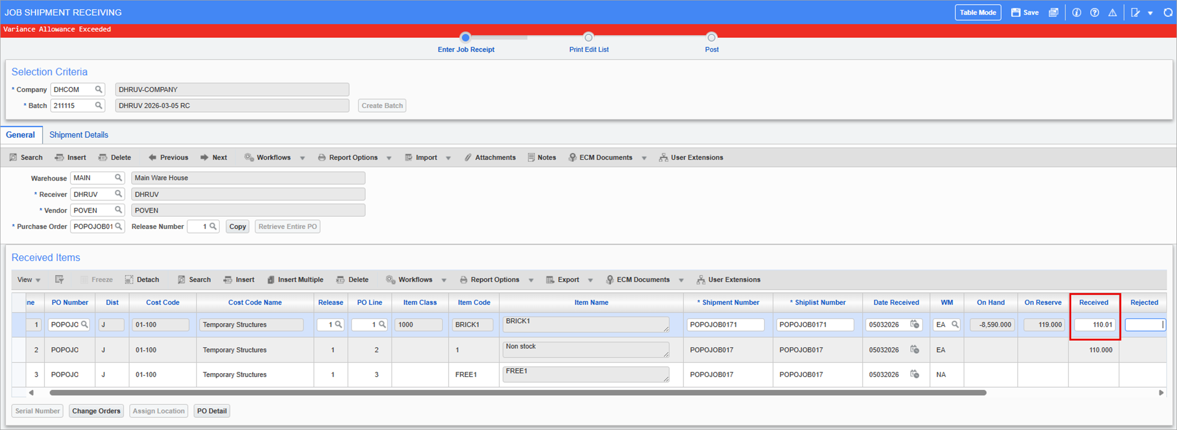 Purchase Order - Using Purchase Order Receipt Variance