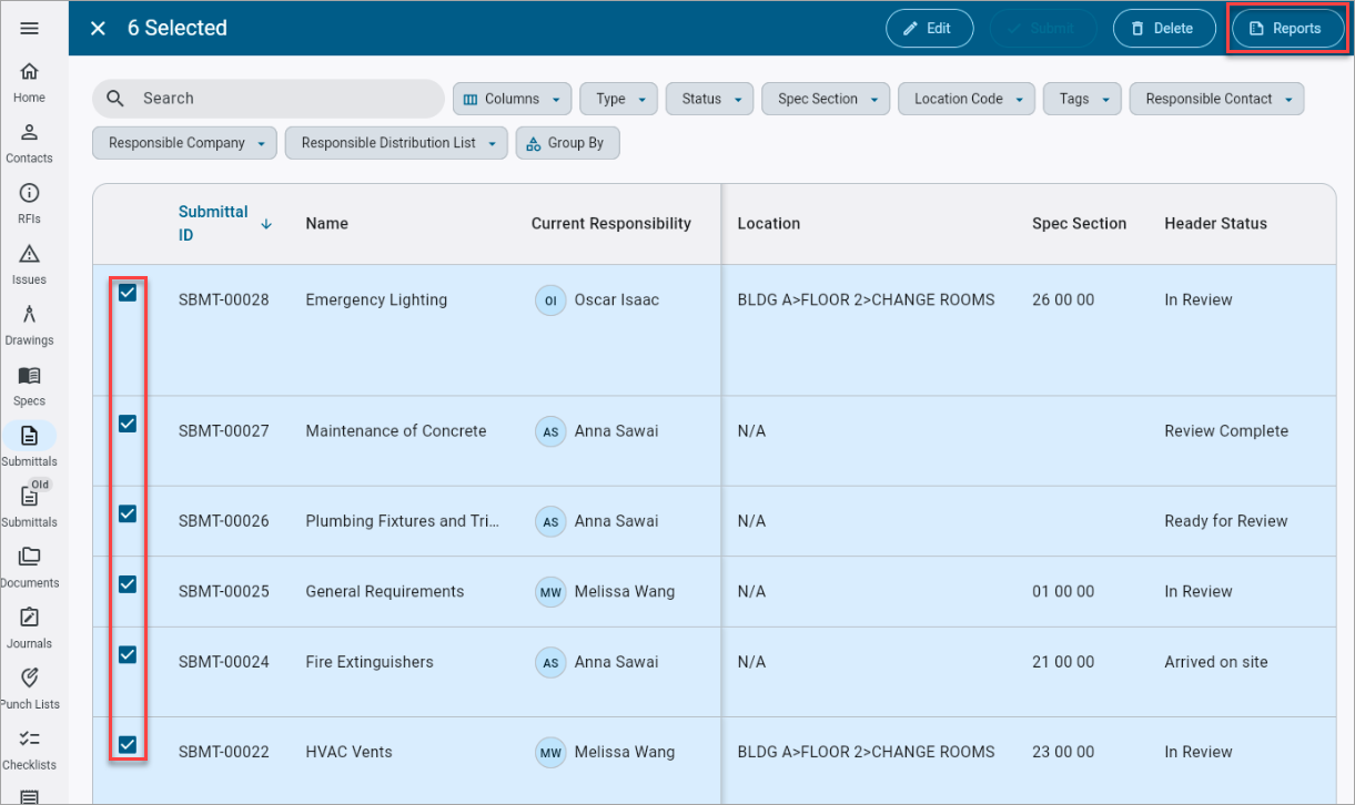 Nexus 01 Highlight - Construct PM - Submittals - Log Reports