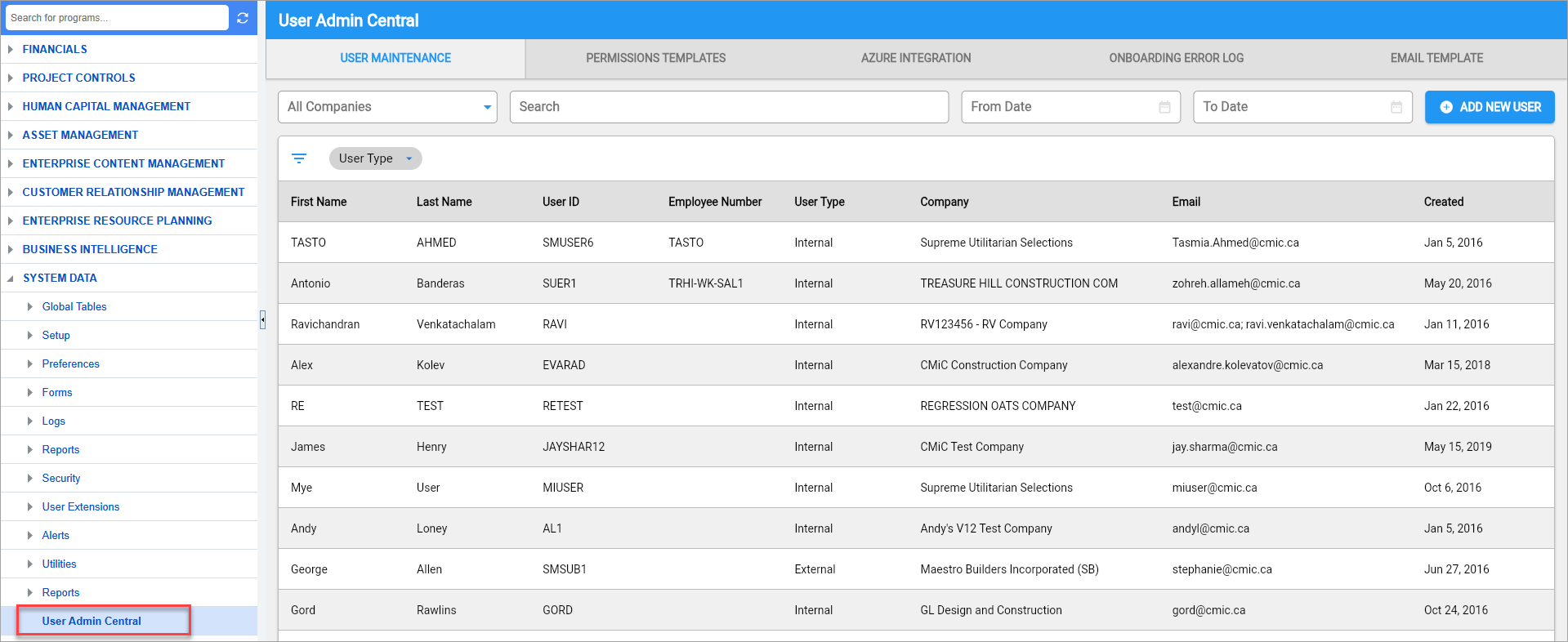 System Data - User Admin Central
