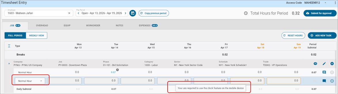 Construct ESS - Clock In/Out Time Entry